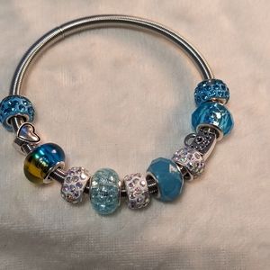 Handmade Blue snake charm bracelet with heart and purse charm